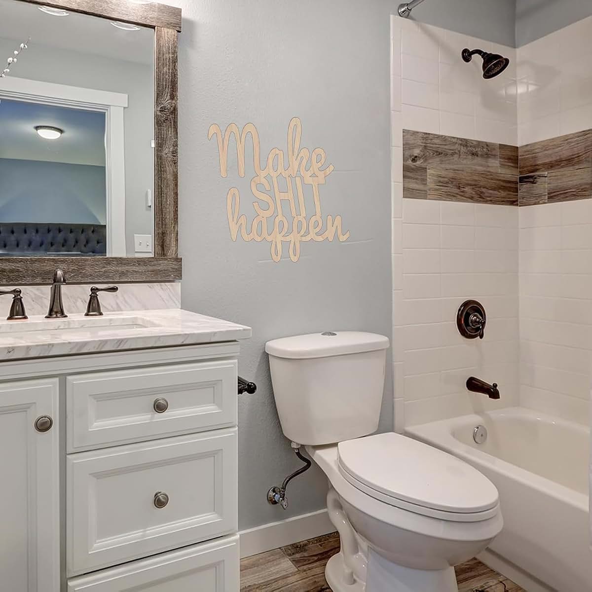 QBFWETY Wooden “Make Shit Happen" Sign for Backdrop, Funny Bathroom Wall Sign, Laser Cut Inspirational Quote Wall Decor