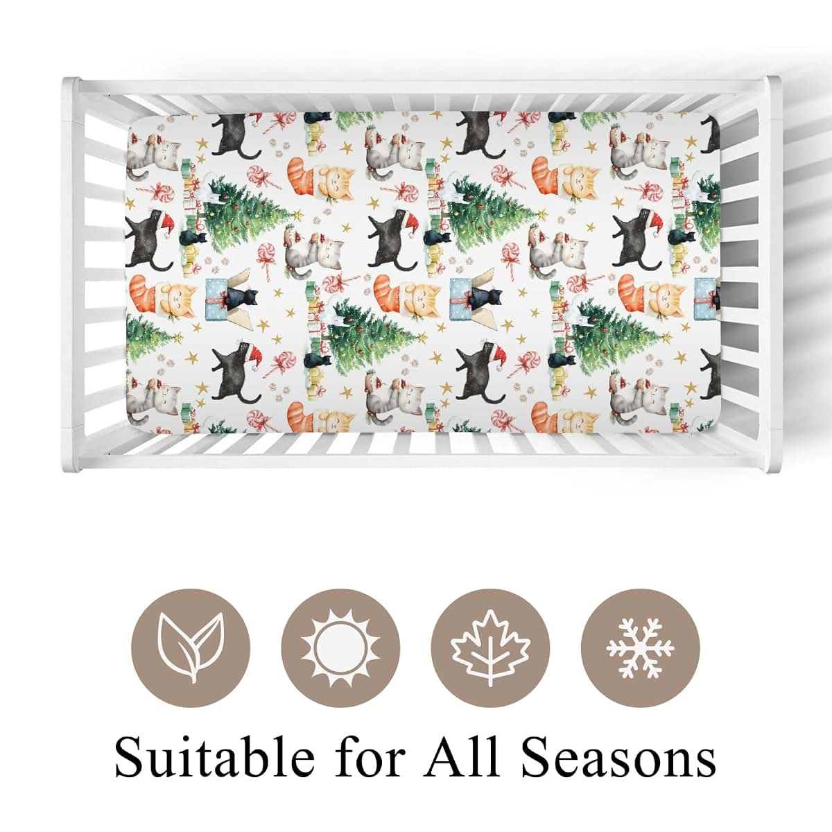 Wicbfdfv Christmas Cat and Pine Trees Polyester Baby Crib Sheet (photo 2)