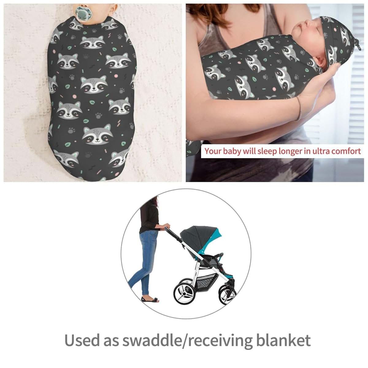 Muishi Cartoon Raccoon Newborn Swaddle Blanket And Hat Set Soft Polyester