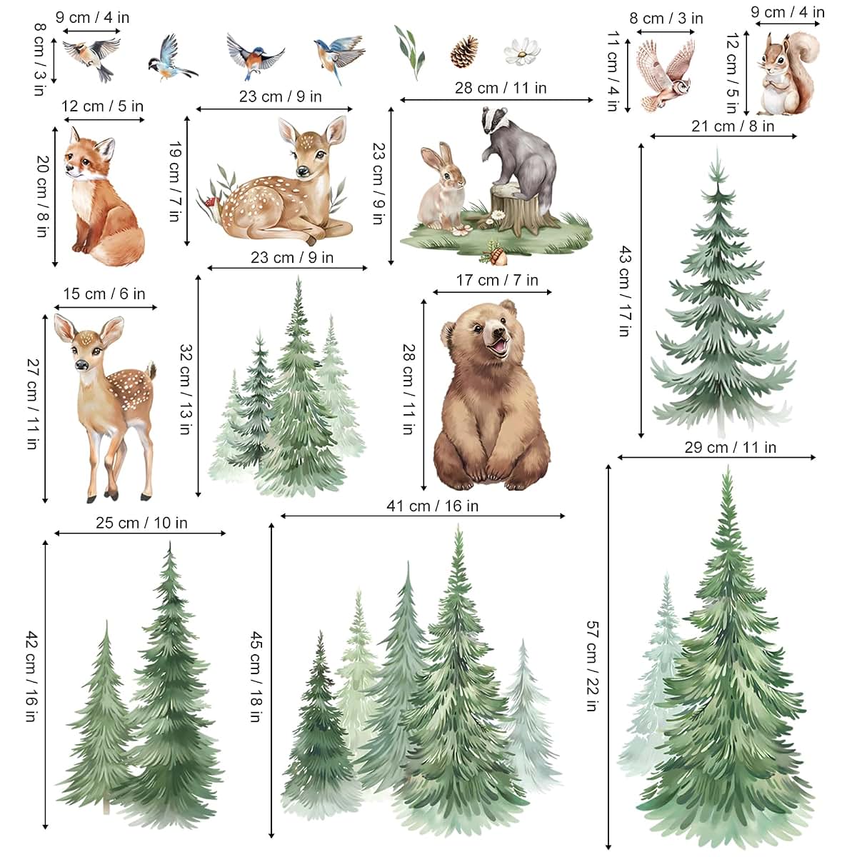 wondever Pine Tree Wall Decals Woodland Animals Bear Wall Stickers (XL)