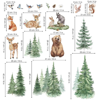wondever Pine Tree Wall Decals Woodland Animals Bear Wall Stickers (XL)