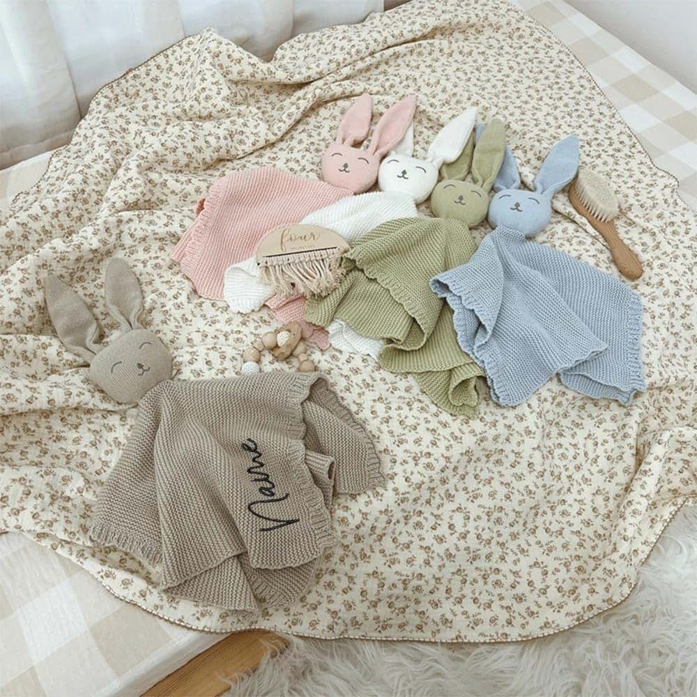 ZoikOm Personalized Baby Gifts Custom Embroidered Name Lovey Animal Stroller Blanket Breathable Cotton Knitted Bunny (photo 2)