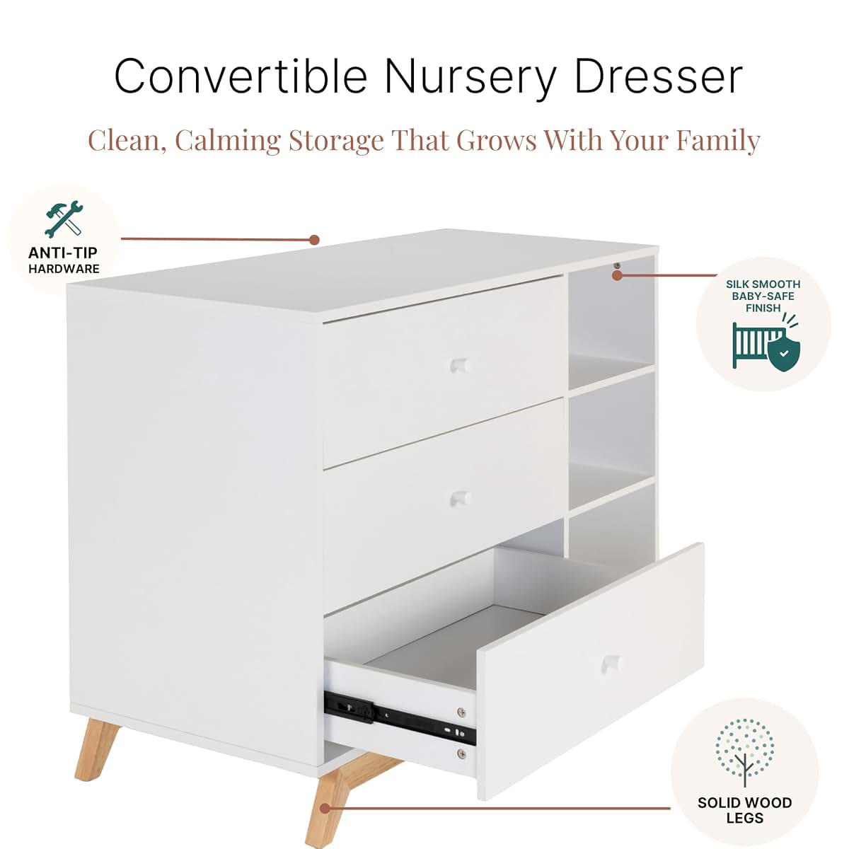 dadada Central Park 3-Drawer Bedroom Dresser, Open Shelving, White/Natural