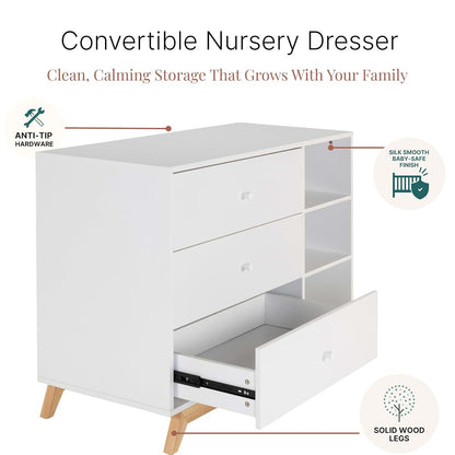 dadada Central Park 3-Drawer Bedroom Dresser, Open Shelving, White/Natural