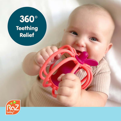 RaZbaby RaZ-Apple Silicone Teether & Rattle Toy, Textured Apple Shape, 3M+
