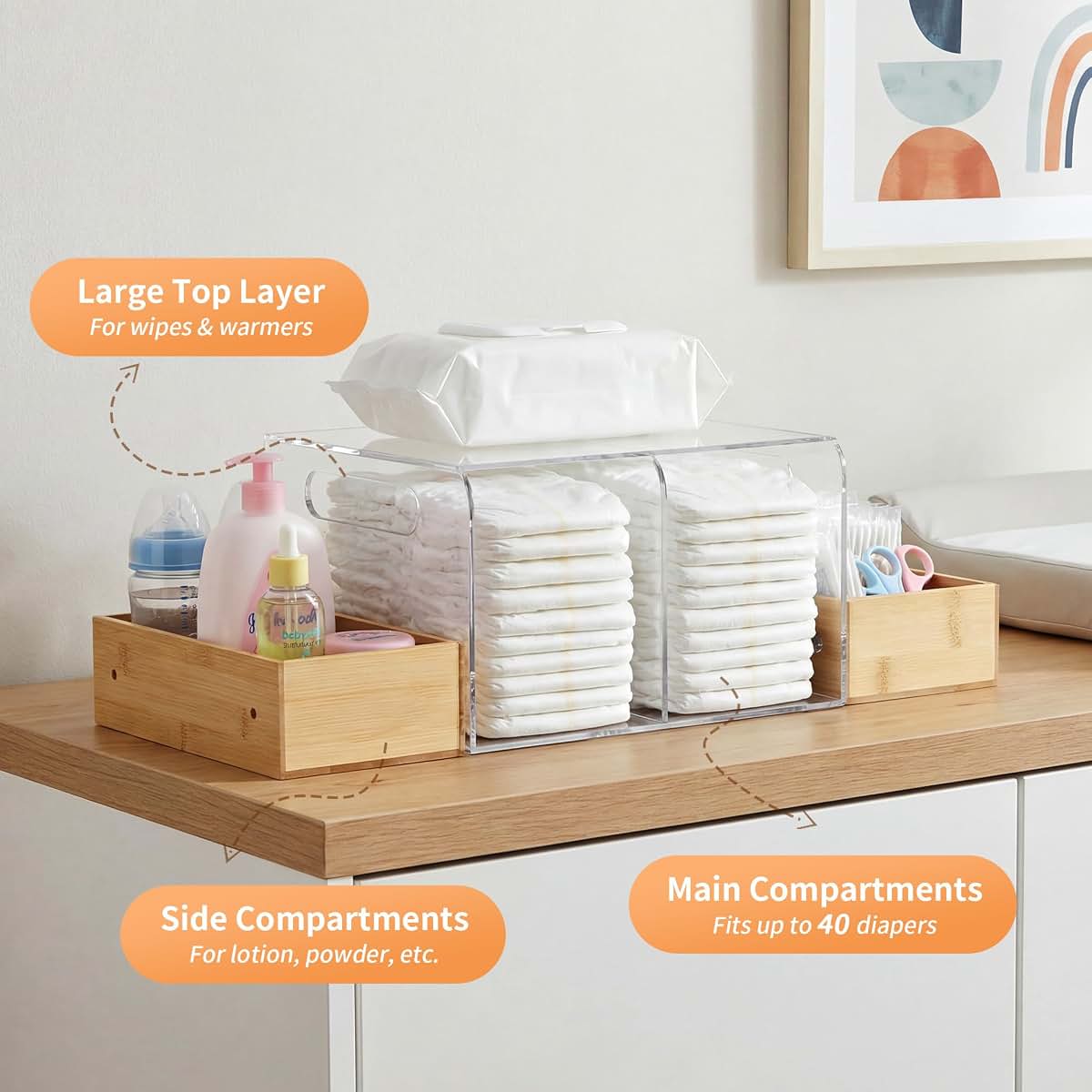 Cacholiv Acrylic Diaper Caddy With Handle And 3 Wooden Compartments