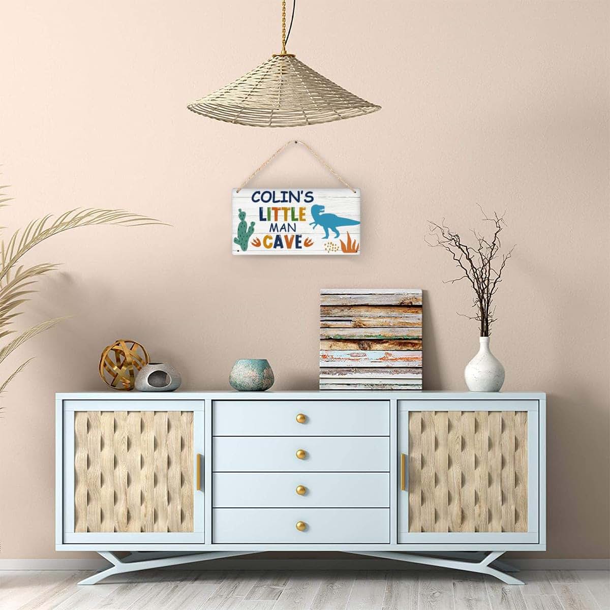 Cusdecor Personalized Little Man Cave Sign Dinosaur Custom Name Wood Plaque