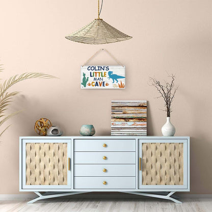 Cusdecor Personalized Little Man Cave Sign Dinosaur Custom Name Wood Plaque