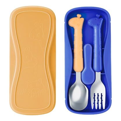 lohodo Toddler Spoon and Fork Set, 18/8 Stainless Steel Silverware with Travel Case, Blue & Yellow Giraffe, Age 3+