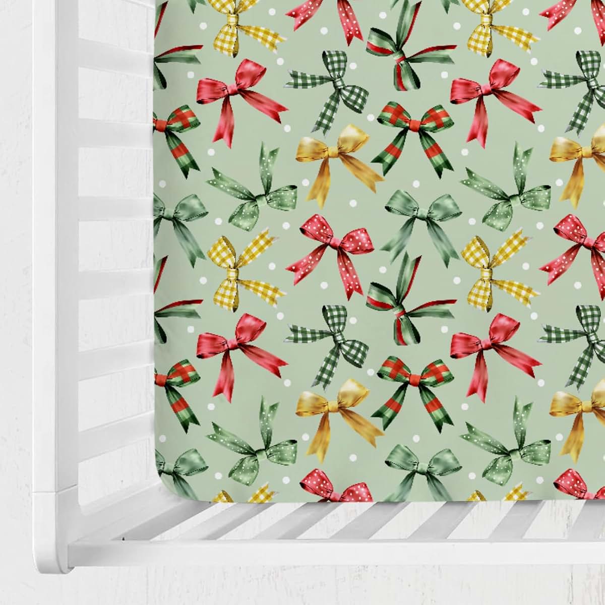 BabyOneStop Christmas Bows Crib Sheet 52x28 Red Green Tartan Stretchy Fitted Standard Crib Mattress Cover
