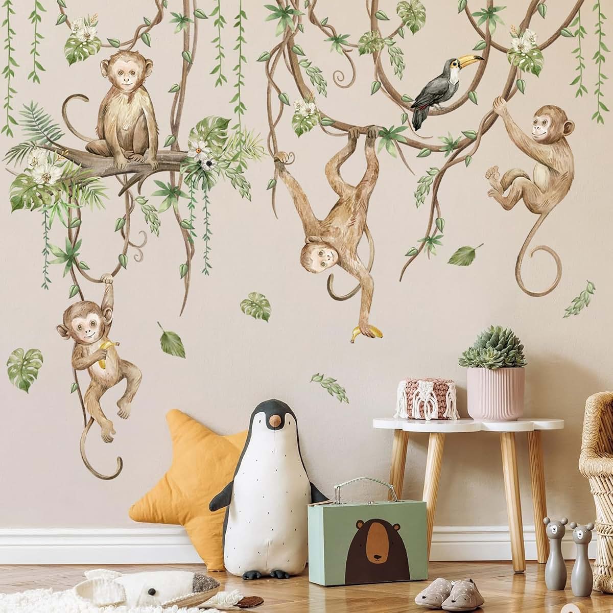 BabyOneStop 3D Cartoon Monkeys Climbing Tree Vines Wall Stickers, Removable Peel & Stick Decals for Nursery