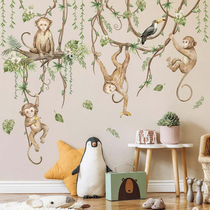 BabyOneStop 3D Cartoon Monkeys Climbing Tree Vines Wall Stickers, Removable Peel & Stick Decals for Nursery