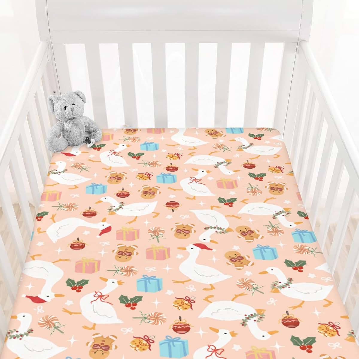 Cstdyfrv Retro Christmas Ducks Baby Crib Sheets Cute Santa Ducks Gift Candy Cookie Bells Standard Crib Toddler (photo 2)