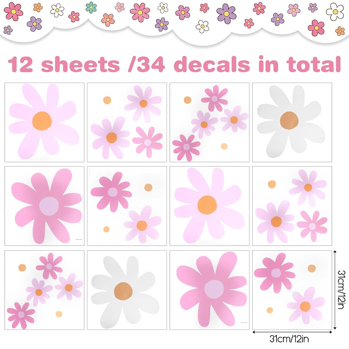 MySHUCE Daisy Flower Wall Decals - 24 Sheet Pink and White Peel and Stick Decor