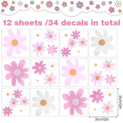 MySHUCE Daisy Flower Wall Decals - 24 Sheet Pink and White Peel and Stick Decor