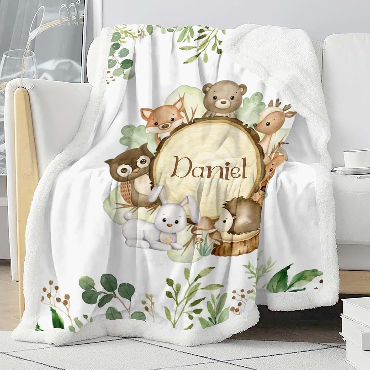 NZOOHY Woodland Animals Personalized Sherpa Baby Blankets for Boys Girls,Soft Newborn Naps Custom Name Blanket for