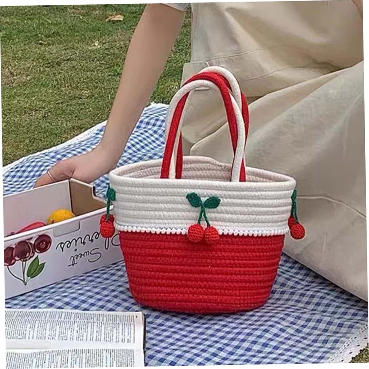 Kailiketiy Cherry Lace Cotton Rope Storage Basket With Handle