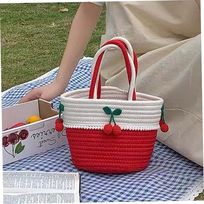 Kailiketiy Cherry Lace Cotton Rope Storage Basket With Handle