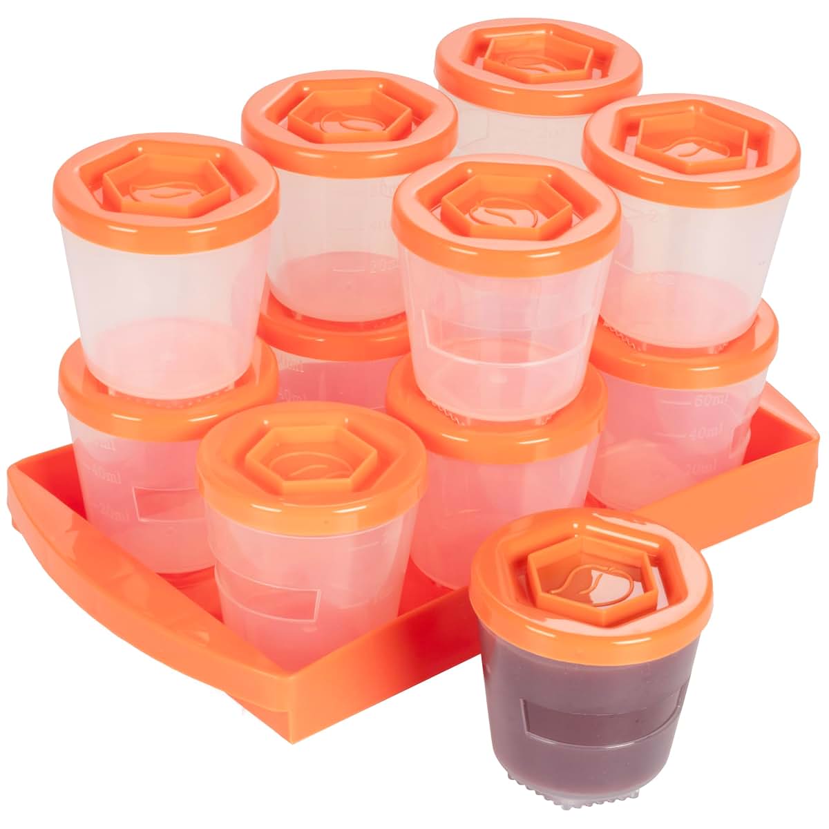 Sprout Cups Baby Food Storage Containers (12 Pack) - 2oz Reusable, Stackable, Leakproof Plastic Jars with Tray &