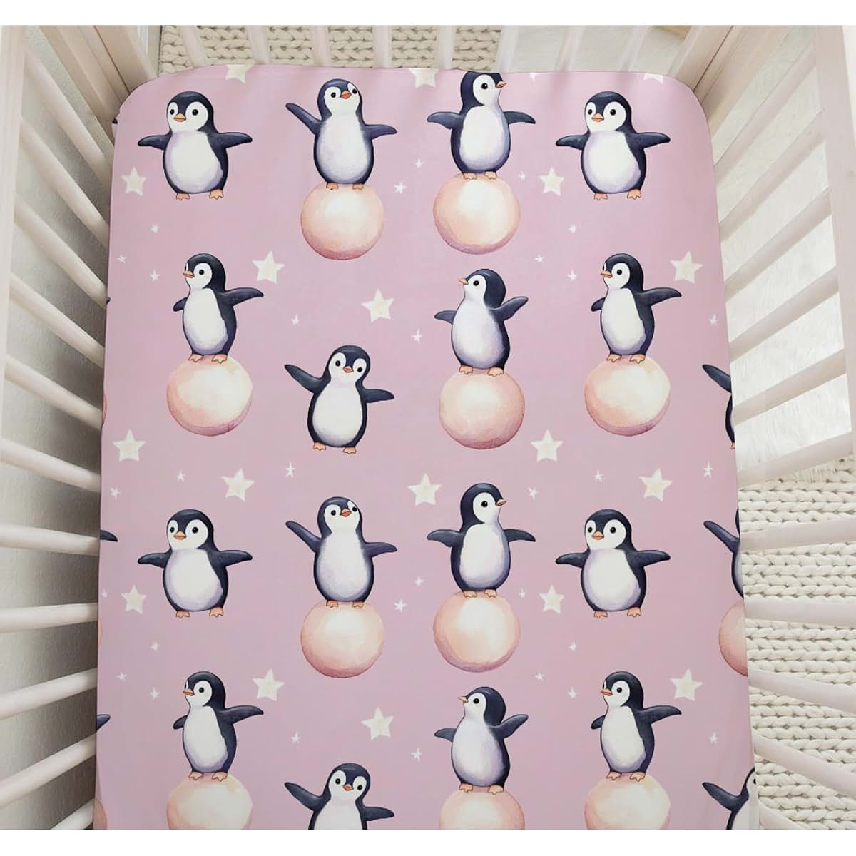 Cute Baby Penguins Stars Crib Sheet