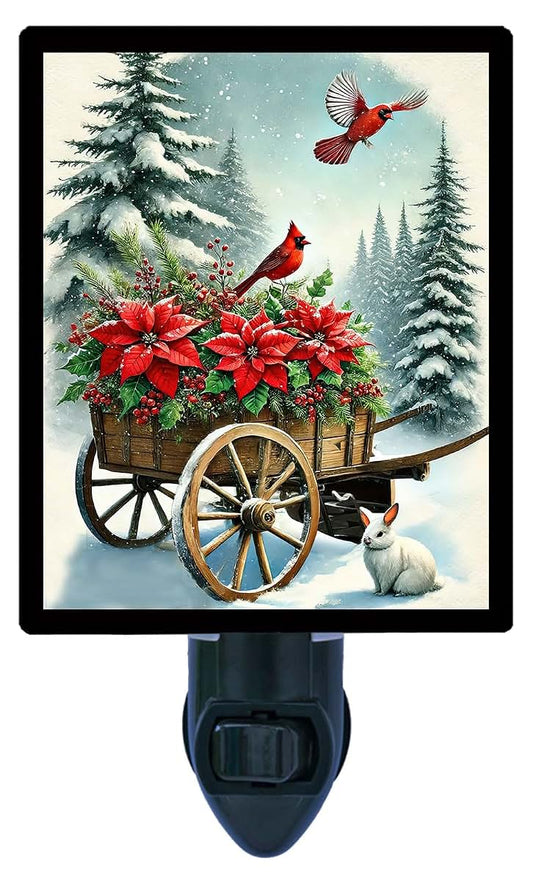 Night Light Designs LED Night Light, Poinsettias and Cardinals Christmas Design