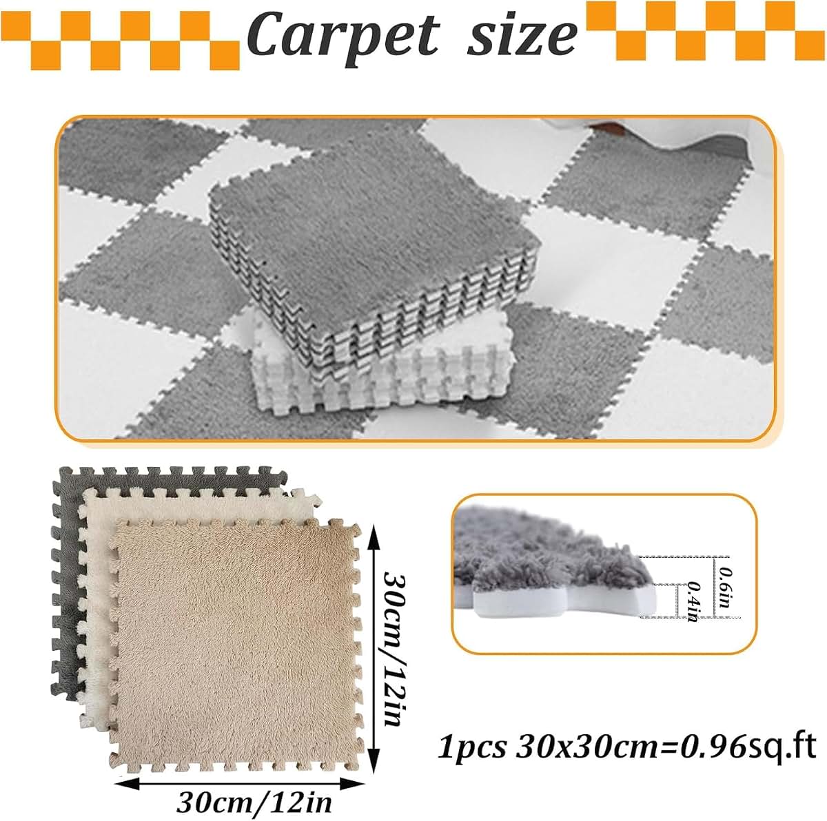 LBAawxe Square Foam Floor Mat, Plush Interlocking Carpet Square, Washable, Puzzle Rug, Non-Slip Soft Interlocking
