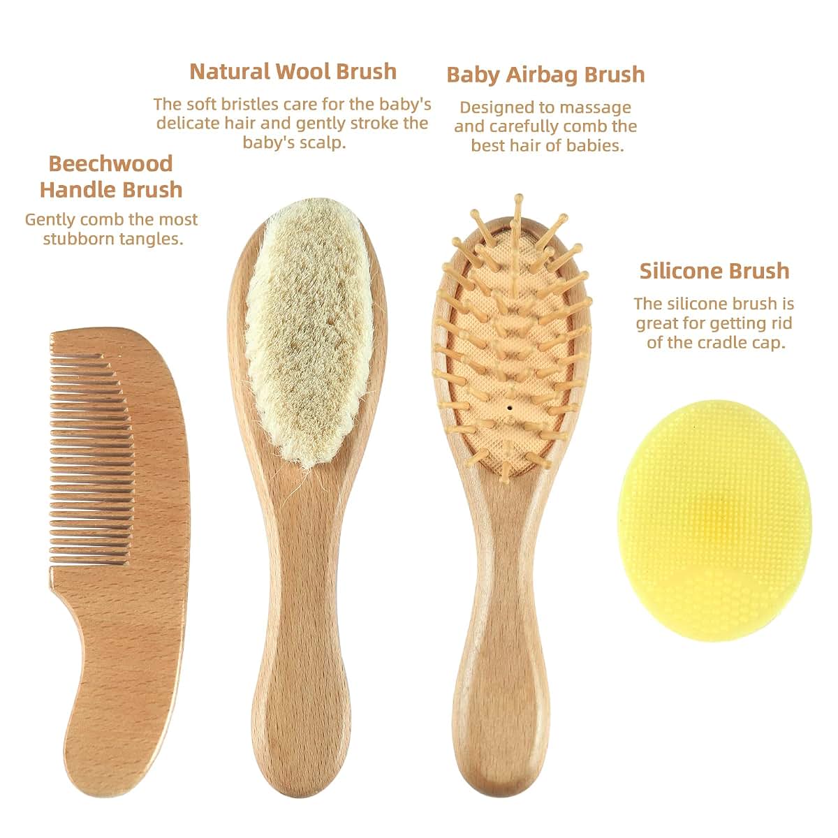 Jade Kit Baby Hair Brush and Comb Set, 4-Piece Wooden Grooming Kit (photo 2)