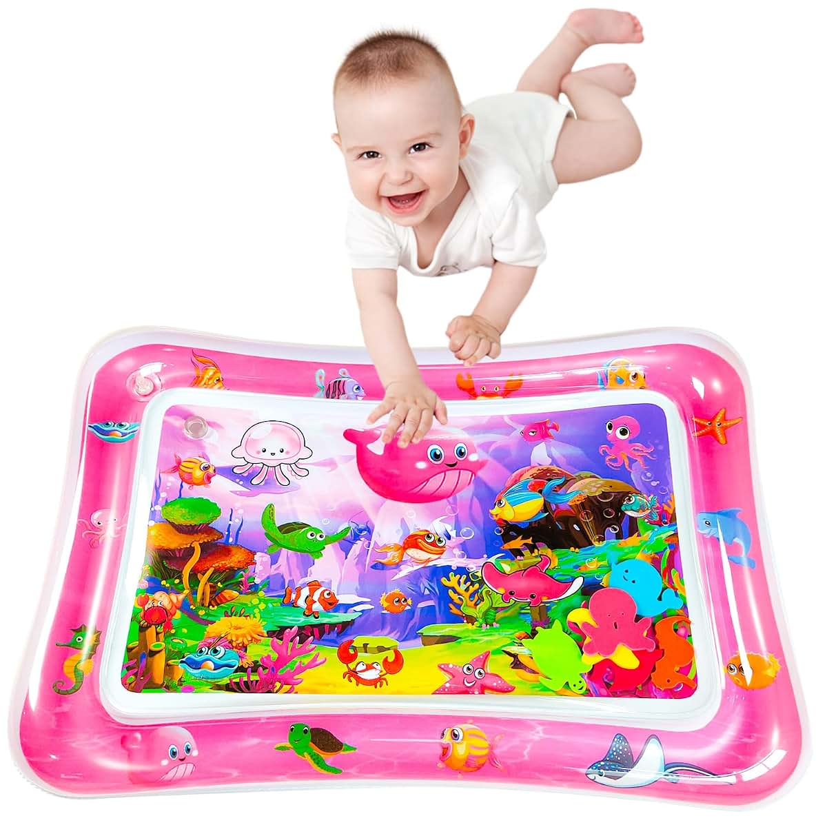 ZHUYNXIR Tummy Time Water Play Mat for Babies 3-24 Months, Inflatable PVC with Floating Toys, Pink, 27.5 x 20 in