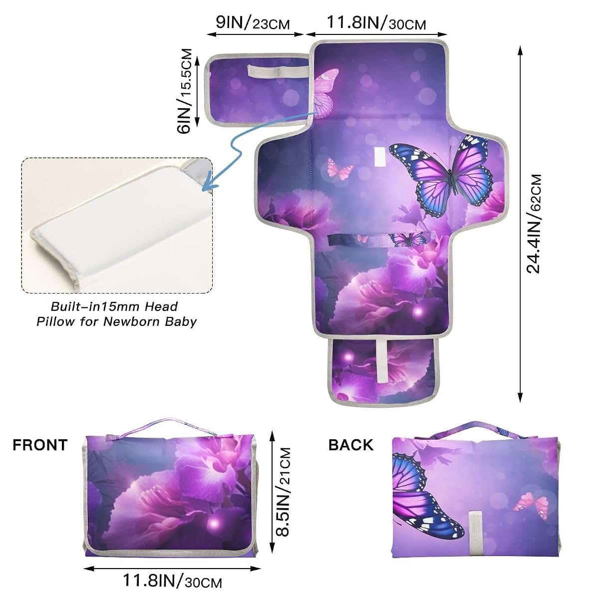 BabyOneStop Portable Changing Pad for Baby Purple Butterfly Waterproof Travel Mat with Built-in Pillow