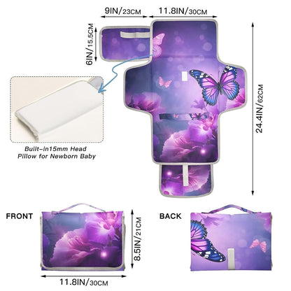 BabyOneStop Portable Changing Pad for Baby Purple Butterfly Waterproof Travel Mat with Built-in Pillow