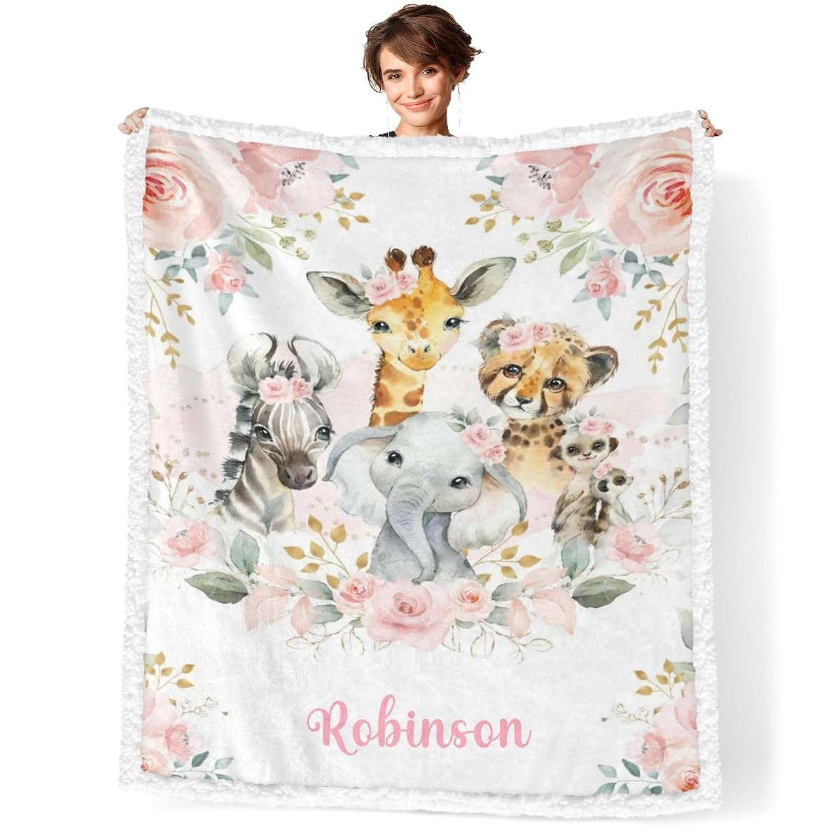 NZOOHY Floral Safari Animals Personalized Sherpa Baby Blankets for Boys Girls,Custom Newborn Naps Name Blanket for