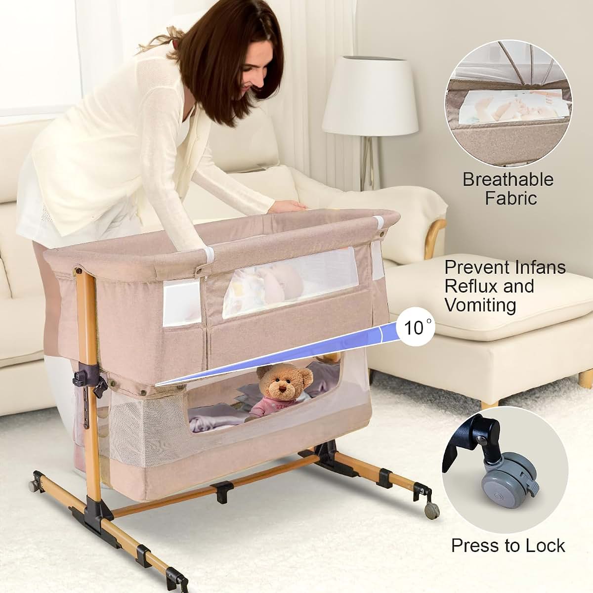 cutebeams Baby Bassinet, 4 in 1 Stable Bedside Bassinet for Baby (photo 4)