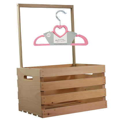 3 Stories Trading Company Natural Pine Baby Shower Wardrobe Crate, 10 Flocked Clothes Hangers, Fully Assembled (Pink)