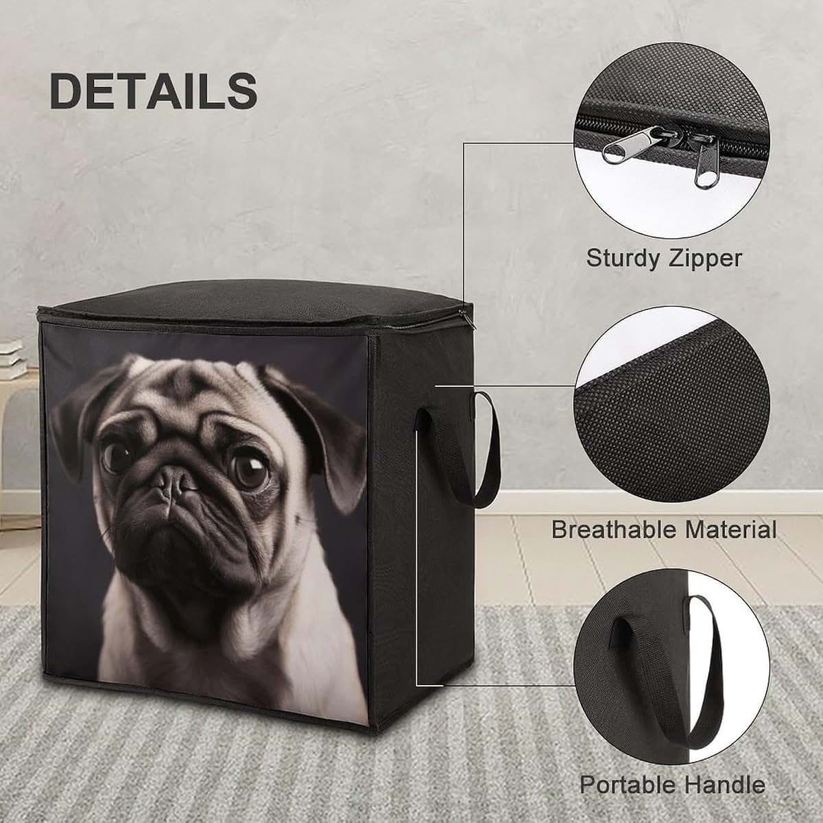 BTCOWZRV Pug Storage Bag With Carry Handles And Zipper (photo 4)