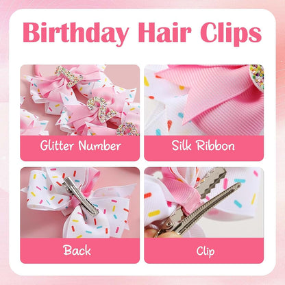 BabyOneStop 2 Pack Birthday Hair Bow for Girls, Pink Glitter Number Hair Clips, 3.5 Inch Party Accessories