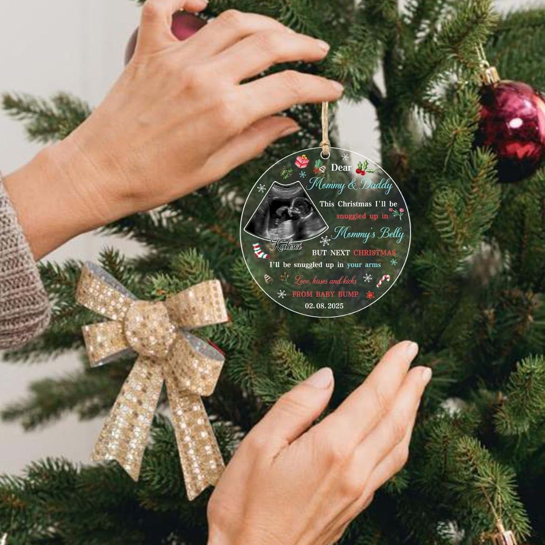 Mlooihfd Custom Photo Love Kisses and Kicks from Baby Bump,Personalized Family Christmas Ornament,Xmas Keepsake Gift (photo 3)