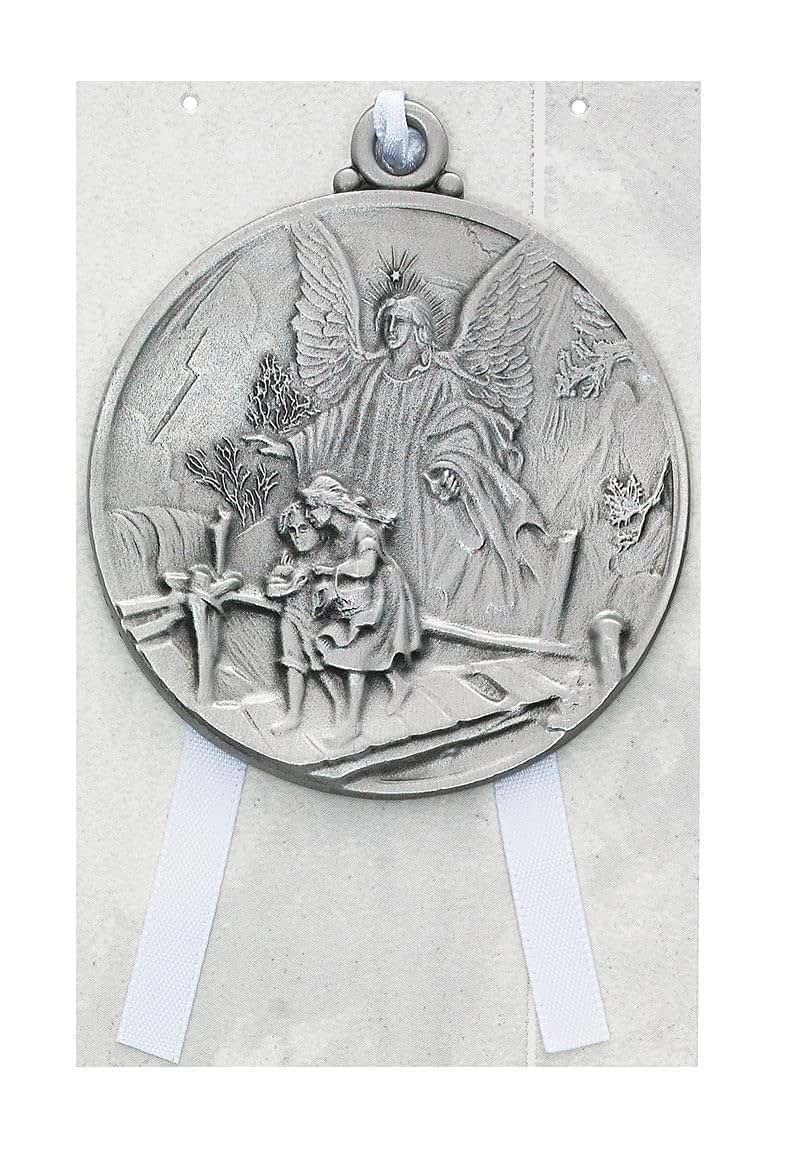 CatholicStore Guardian Angel Crib Medal with White Ribbon