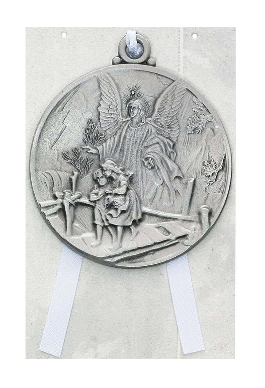 CatholicStore Guardian Angel Crib Medal with White Ribbon