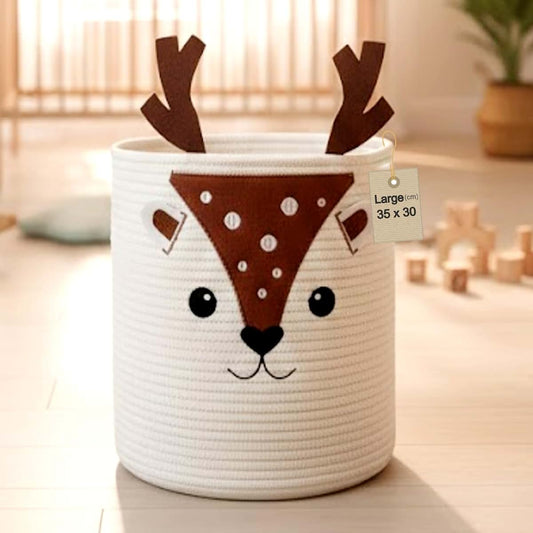Jolijay Kids Laundry Basket Hamper & Toy Storage Organizer | Large Deer Woven Cotton Rope Bin for Stuffed Plushies