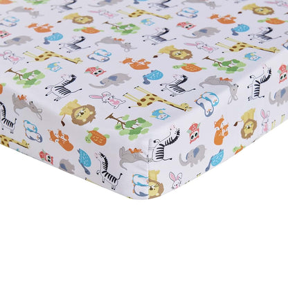 CribMATE White Animal Print Nursery Crib Fitted Sheet Lion Giraffe Zebra