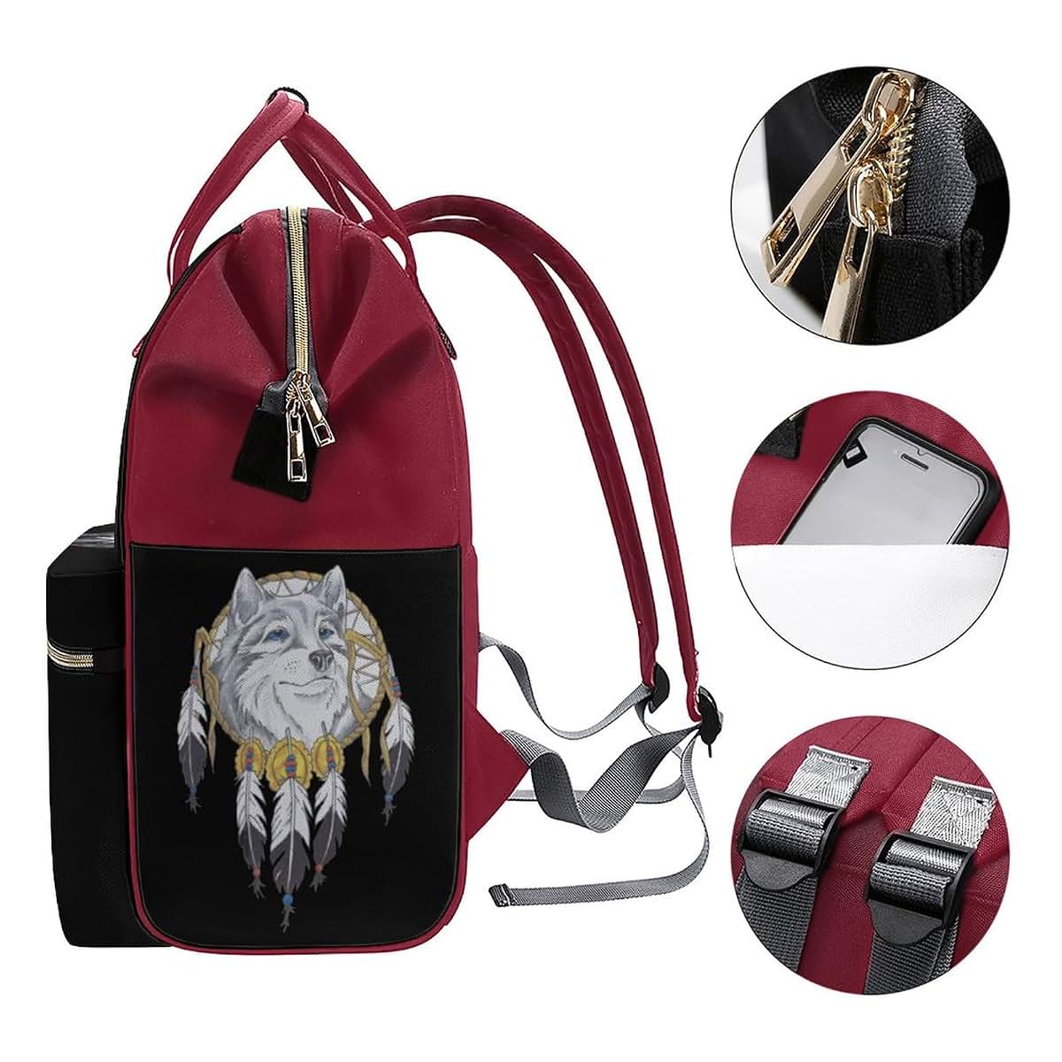 SONGTING Watercolor Wolf and Dreamcatcher Diaper Bag Backpack Travel Waterproof Mommy Bag Nappy Daypack Red-Style (photo 3)