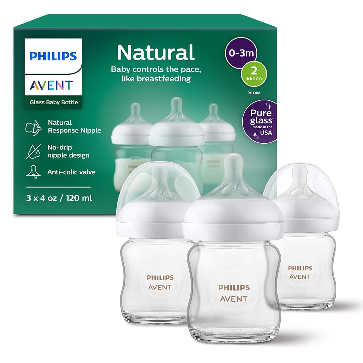 Philips Avent 3-Pack Glass Natural Baby Bottle, 4oz