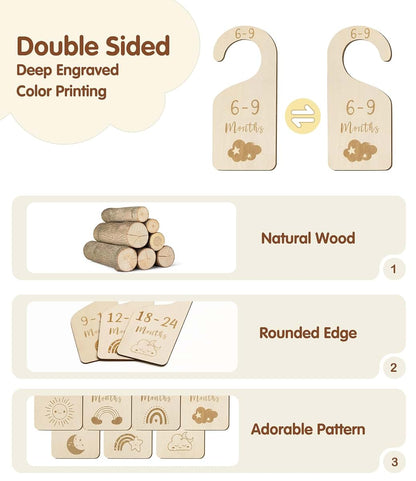 MEILIDY Double Sided Baby Closet Dividers, 7 Pcs Wooden Nursery Organizers for Newborn to 24 Months