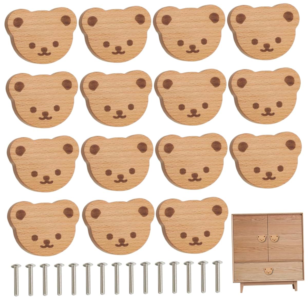 Cute Drawer Knobs Cartoon Bear Wood 15Pcs