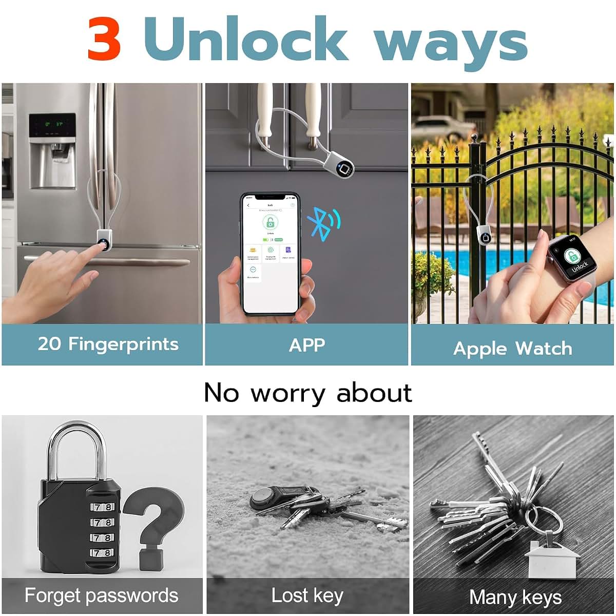 Foxlock Fingerprint Cable Lock, Fridge Lock Child Proof Cabinet Locks with Bluetooth APP Control, Waterproof (photo 3)