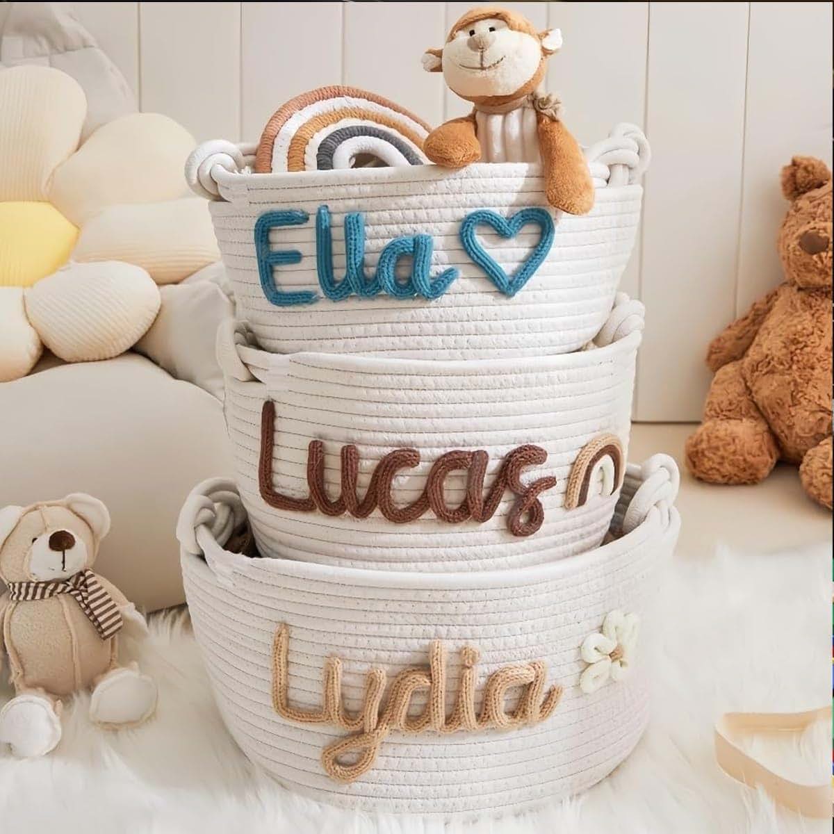 DOYOUWE Personalized Baby Gift Basket, Custom Name Cotton Rope Toys Storage Box For Newborn Boys/Girls, Nursery Decor (photo 3)