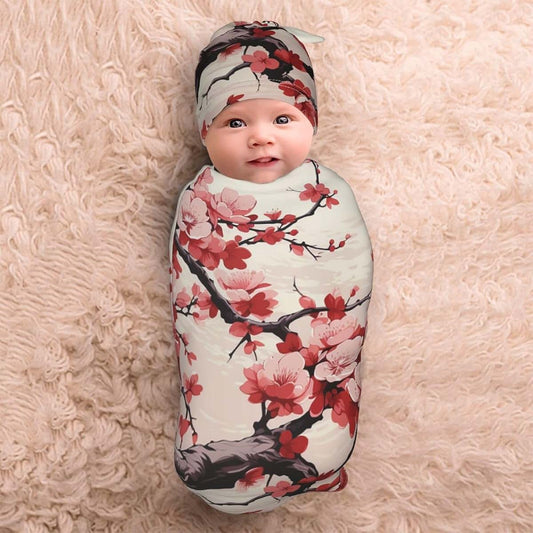 DDTKLSNV Newborn Swaddle Blanket with Beanie Hat Set,Japanese Floral Cherry Blossom Newborn Receiving Blankets Baby