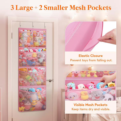 Lifewit Over Door Stuffed Animal Organizer with 5 Mesh Pockets, Pink, Oxford Fabric