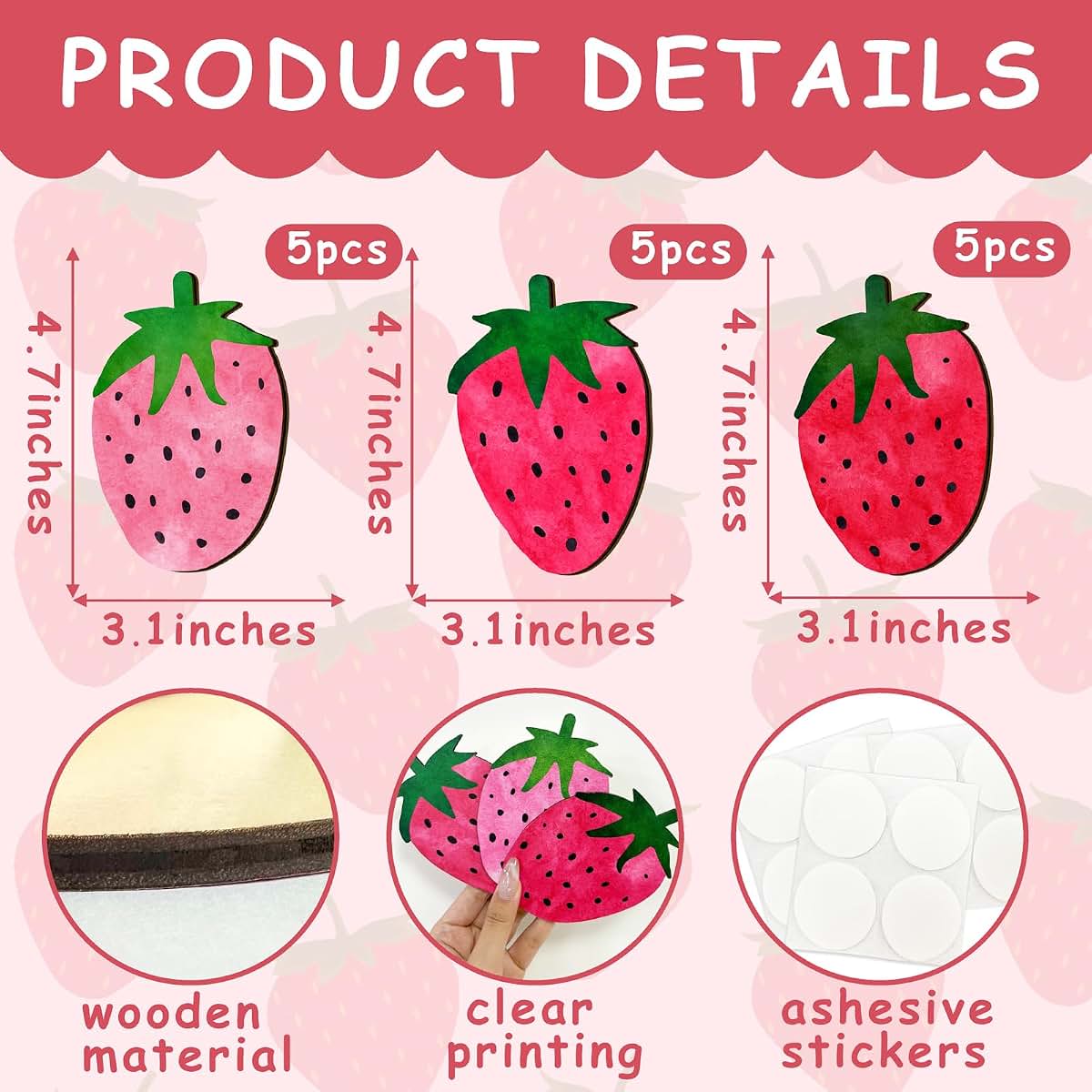 BabyOneStop Wooden Strawberry Wall Decor - 15 Piece 3D Fruit Wall Art for Nursery & Kids Room