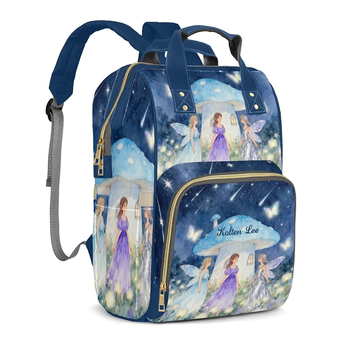 LiSoAkWE Personalized Large Capacity Diaper Bags,CustomWatercolor Night Fairy Mushrooms Name Backpack Casual Daypack (photo 2)